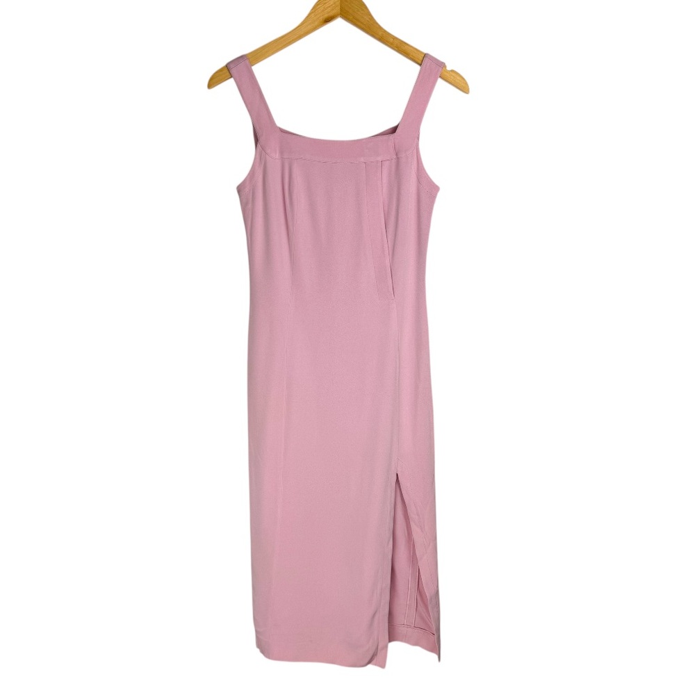 Vtg OZBEK Baby Pink Midi Dress Sz 8 Side Slit Adjustable Square Neckline